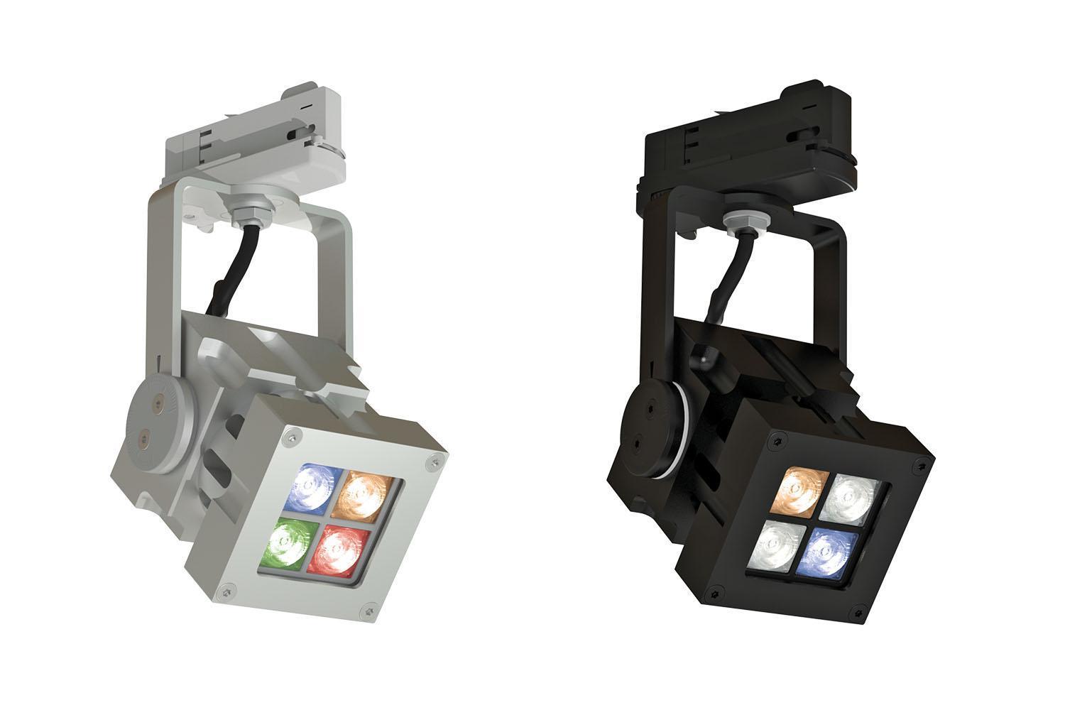 Revo Compact ColourFlow Track fixtures in black and aluminium coloured and RGBA and AWB