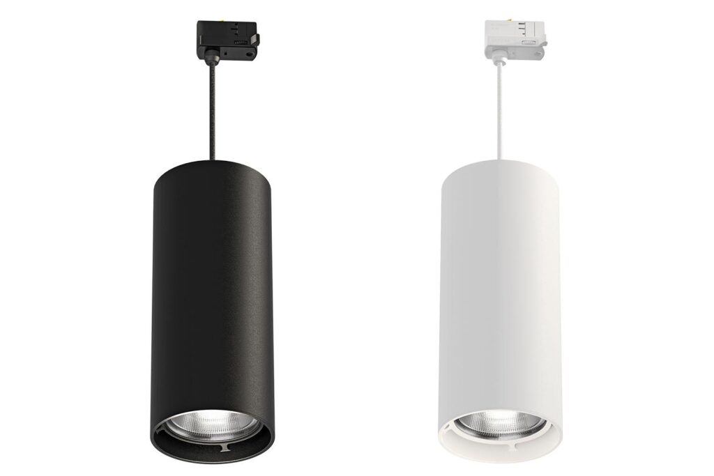 Tubular design pendant fixtures with track adapter in black and white